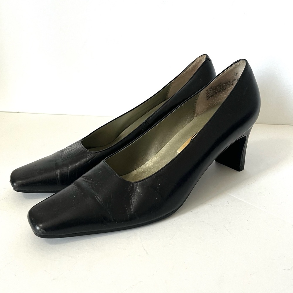 Vintage SRO Black Leather Heels Pumps Classic Business Retro Square Toe Women 7M